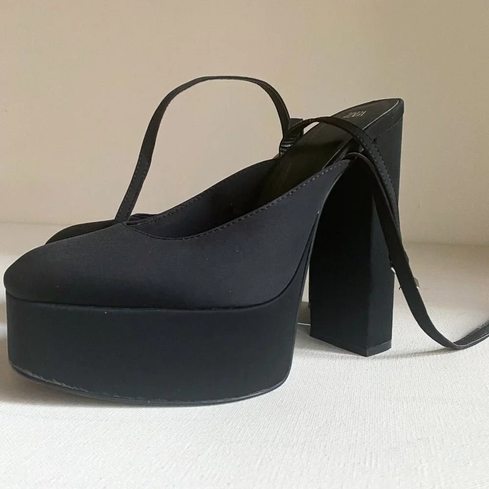 NWT Black Chunky Platform Nylon Ankle Wrap Closure heels 40 - Picture 6 of 11